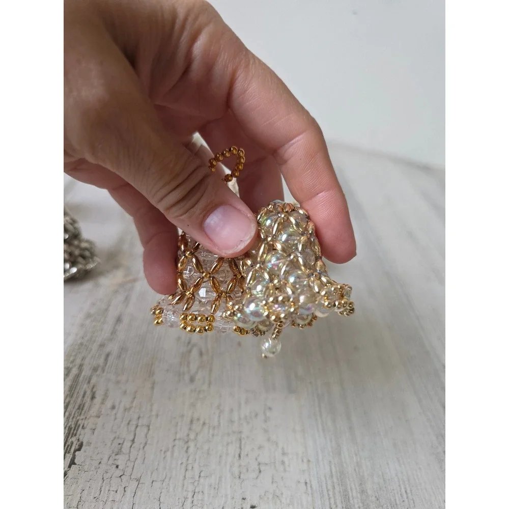 Vintage beaded Bell ornament pink blue green gold Xmas tree set